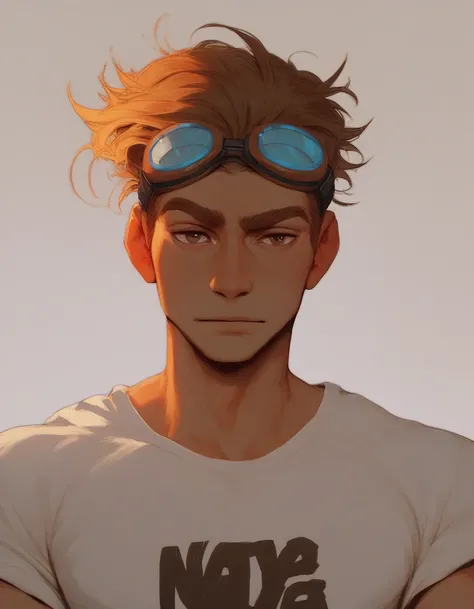 human Male 20 Years  , Brown Cool  haircut, wearing t-shirt  , Head  Goggles , half body