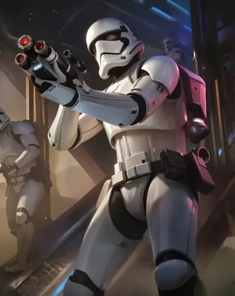 perfect hands, perfect finger,perfect anatomy, masterpiece, best quality,realistic, hyperrealistic, 16k hdr,1 mature female,,white Stormtrooper in Star wars,damaged white full face helmet,damaged white armor,large breasts,rifle