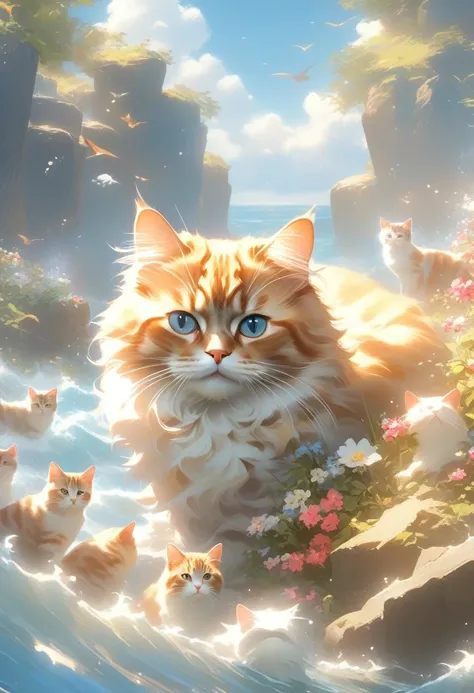 ((Masterpiece)), ((Best Quality)), (Very Detailed), ((Very Detailed)), 4K, (8K), very aesthetic, absurdres highres, On a sunny day with blue skies and clouds floating in the sky, the island is full of cats. You can see many cats. The cats play in the meado...