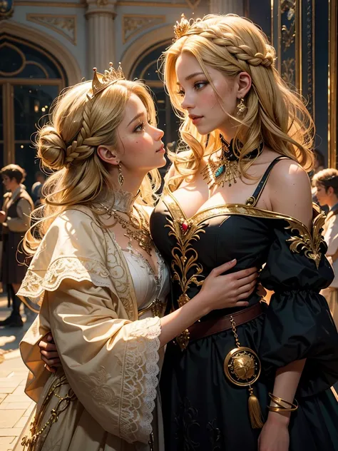 Gorgeous court costumes, blonde hair, french braid, crown, mole under eye, light smile, Renaissance, ray tracing, Sony FE GM, masterpiece, UHD, anatomically correct, textured skin, perfect anatomy, two girls are deeply in love with each other, kiss