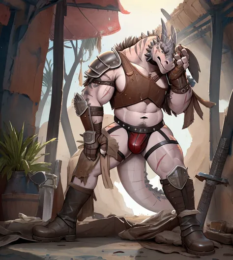 Solo Sexy young anthro acaliereptile dragon male mercenary medieval solider, slim slim muscular, anthro handsome gay shorter muzzle, handsome gay model male apperance, sword scars, worn out leather skimpy armament, low on hips heavy leather belt, old very ...