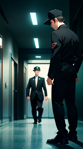 create a male character wearing a black cap, white long-sleeved dress shirt and black tie, black dress pants and dress shoes, security guard with a flashlight in his hands looking for something anime style 8-bit cartoon