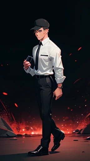 create a male character wearing a black cap, white long-sleeved dress shirt and black tie, black dress pants and safety shoes with a flashlight in his hands looking for something Cartoon style