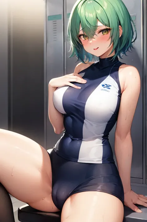 Features{neutral,short hair,Eye color(right eye:green,left eye:blue),Light blue hair,One Girl,Shaved}
clothing{Tennis uniform,stockings(black,Low denier), My chest is exposed}
Posture{Showing off her pussy}
situation{On a chair,Blushing,Sweaty skin}
Behavi...