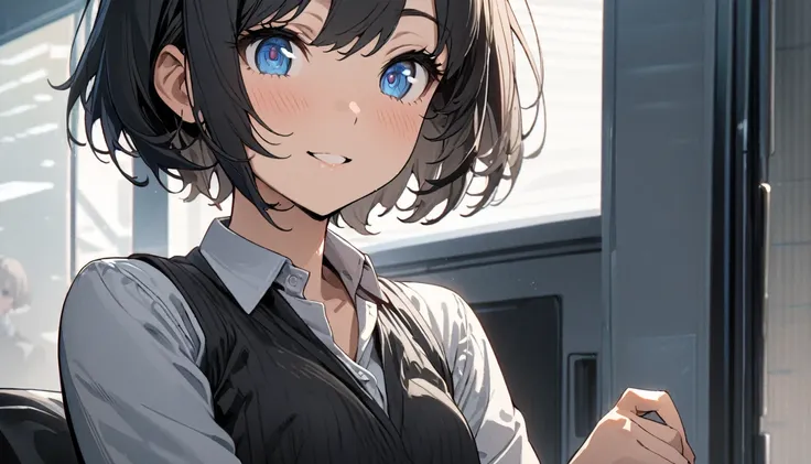 1girl, solo, gentle smile on her face flat chest, short hair, blue eyes, (detailed eyes), black hair, ((masterpiece, illustration, best quality)) ((best quality)), ((masterpiece)), (detailed), perfect face, Office lady, black hair, short hair, office suit,...