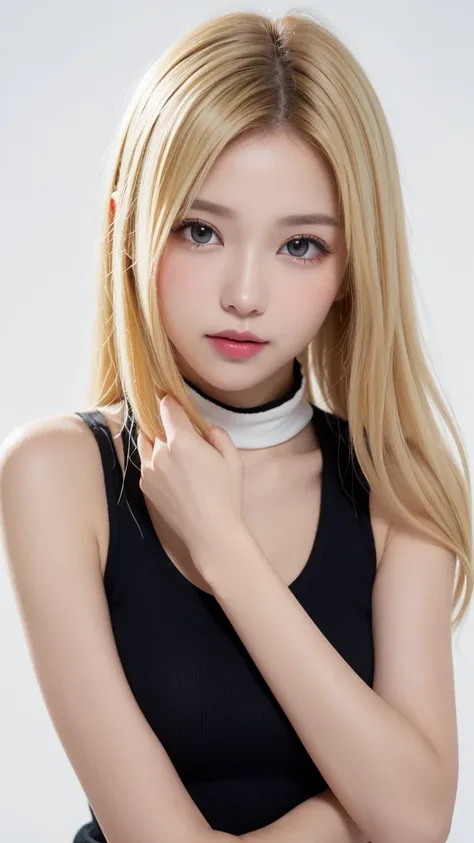 (((forehead、Northern Europe、White、beautiful girl、ホワイトblonde、Blonde、White Background、High neck sleeveless、cute、young、True Face、Shiny Hair、whole body)))、Tabletop, Highest quality, shape, Very detailed, finely, High resolution, 8k wallpaper, Perfect dynamic c...