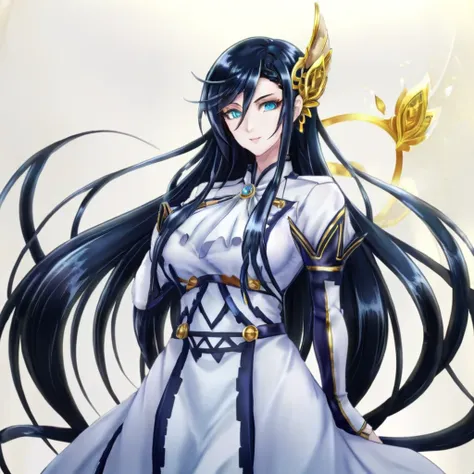 anime artwork a  full body tall woman in a white dress, long black hair, golden head ornament, detailed eyes . anime style, key ...