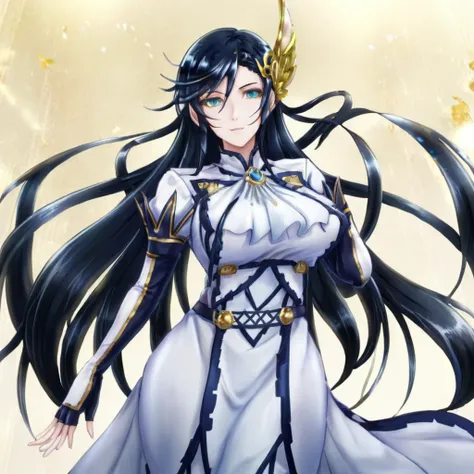 anime artwork a  full body tall woman in a white dress, long black hair, golden head ornament, detailed eyes . anime style, key ...