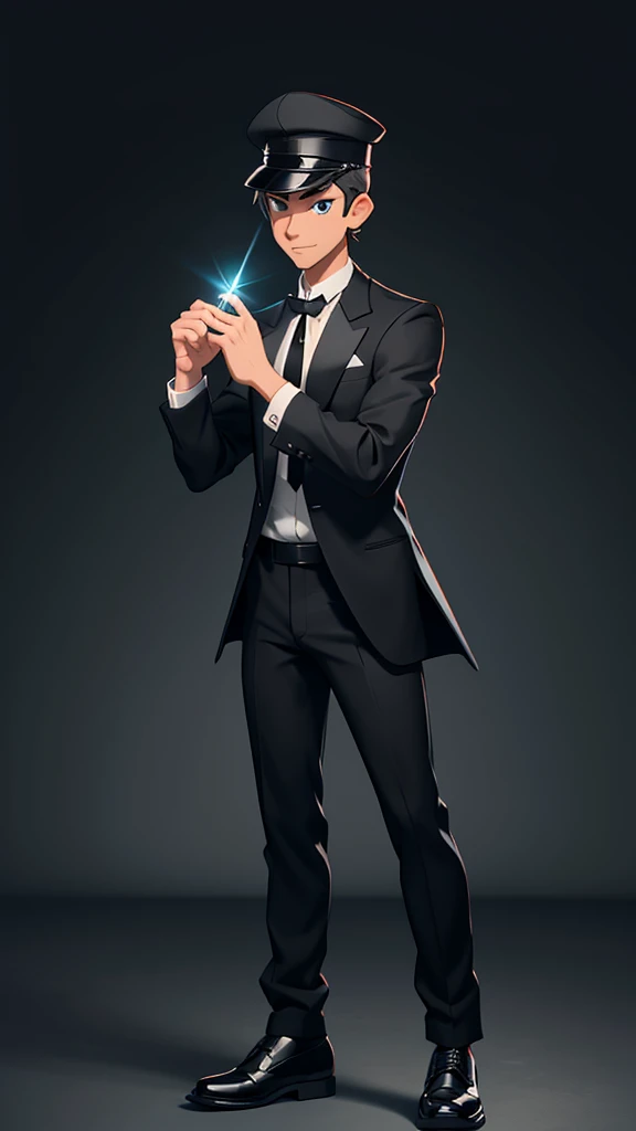 create a male character wearing a black cap, white long-sleeved dress shirt and black tie, black dress pants and safety shoes with a flashlight in his hands looking for something Cartoon style for a game 