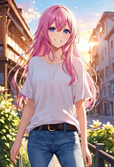 Megurine Luka smile casual clothes jeans pants colored morning peace upper body