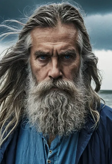 (1 old) medium long hair (offwhite) blue eye (in the middle of the storm (long clothes) serious and wise (bearded)