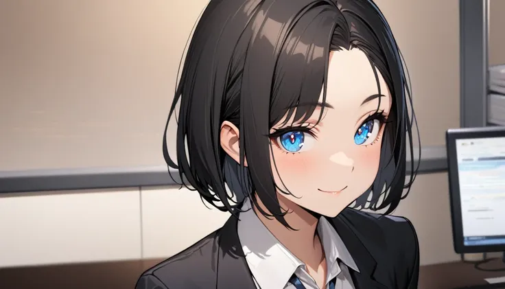 1girl, solo, gentle smile on her face flat chest, short hair, blue eyes, (detailed eyes), black hair, perfect face, Office lady, black hair, short hair, office suit, ultra high resolution, ultra high details