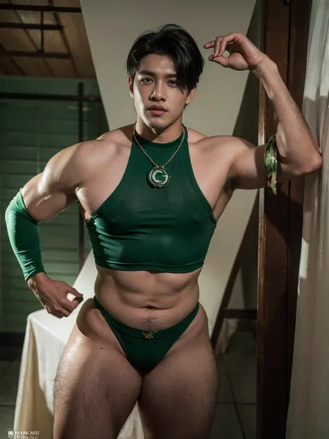 A hansome man in style,(in English: Green Lantern) is a DC Comics superhero.  lined lips, sexy tight green leotard, covered navel,  muscular, tight skin, All green sexy wear , muscular man,  Looking at the Viewer,  (realism: 1.5), (Realisitc: 1.4), (Absurd...