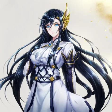 anime artwork a  full body tall woman in a white dress, long black hair, golden head ornament, detailed eyes . anime style, key ...