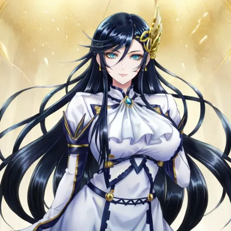 anime artwork a  full body tall woman in a white dress, long black hair, golden head ornament, detailed eyes . anime style, key ...