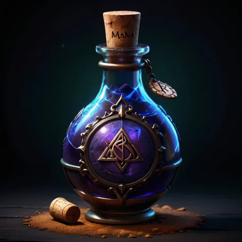 a detailed digital art mana potion with a cork, label with a black rune, dark background, game icon simple, detailed, high definition, vibrant colors