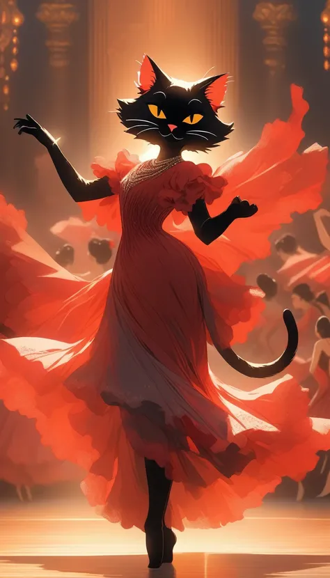 ((Masterpiece)), ((Best Quality)), (Very Detailed), ((Very Detailed)), 4K, (8K), very aesthetic, absurdres highres, 1 girl, (anthropomorphic cat, furry, kemono:1.5), A passionate flamenco dancer in a red dress dances dynamically on the stage, sweating. A s...