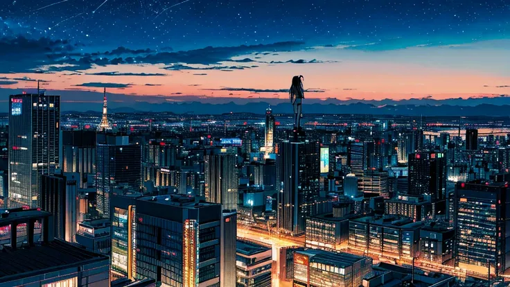 octans, sky, star (sky), scenery, starry sky, night, 1girl, night sky, solo, outdoors, building, cloud, sitting, tree, long hair, city, silhouette, cityscape,City from a distance, tokyo, city billboard, the sky,20 year old sexy girl　From the roof of the bu...