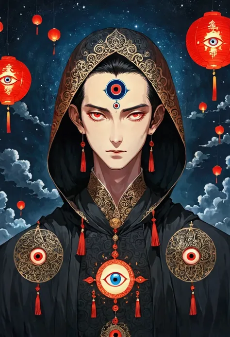 art illustration，dark style，(((1 boy，独奏，third eye on the forehead，))),(((hooded cape：1.6，eye diagram，dark pattern))).whole body，...