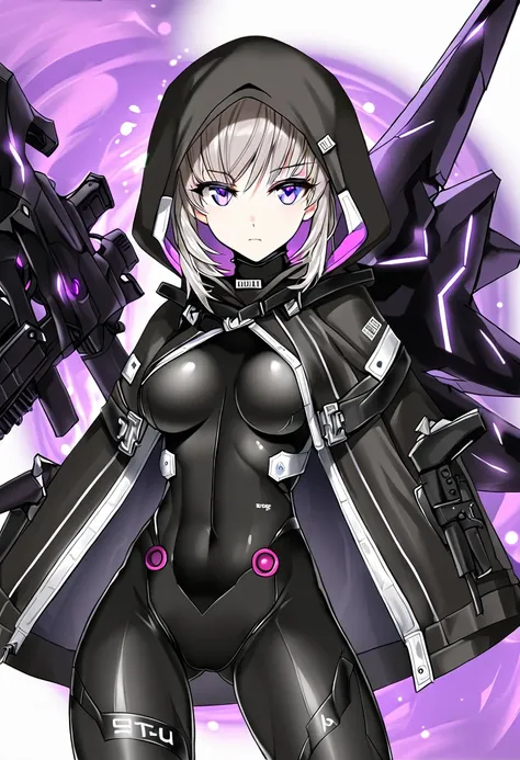 hood, jacket, body suit, black clothes, black wear, tights, weapon, cowboy shot, blue and purple eyes, perfect eyes, beautiful f...