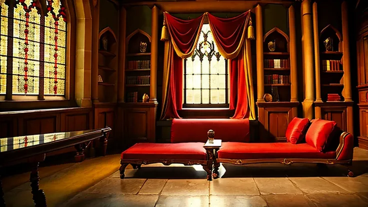 donjon, harry potter, gryffindor, lounging, arched windows, red and yellow silk hanging on the wall,  red carpet, the table, a c...