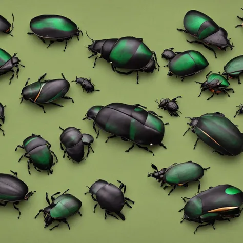 beetles group. background. black and green. japanese rhinoceros beetle