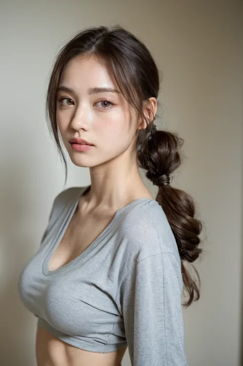 ((Highest quality, 8k, masterpiece :1.3)), One girl, Beautiful woman with slim abdominal muscles :1.3, (Random Hairstyles, Huge breasts :1.2), Casual clothing :1.2, indoor, Highly detailed face, Fine grain, double eyelid、Japanese women