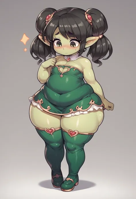 score_9, score_8_up, score_7_up, 1girl, cartoon, flat chest, hair bob, fat, short, adorable, shortstack, pointed ears, black hair, green skin, black cute shoes, thigh highs, huge hips, shy, milf, fantasy dress, pigtails