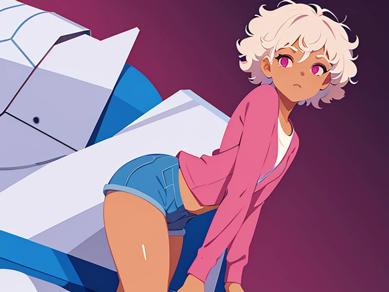 1 girl, tan skin, brown skin, pink eyes, white hair, curly hair, short hair, dark blue outfit