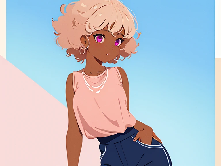 1 girl, tan skin, brown skin, pink eyes, white hair, curly hair, short hair, dark blue outfit