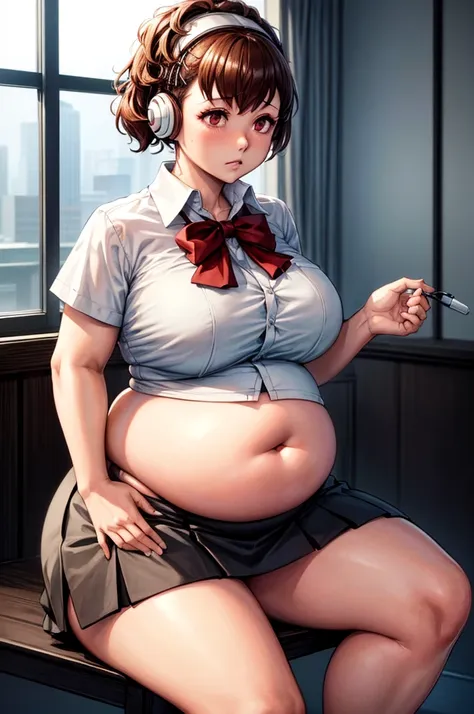 (masterpiece, best quality, highres, absurdres), 1girl, big belly, chubby arms, thighs, art by kipteitei, uniform, brown hair, b...