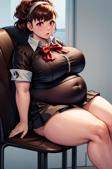 (masterpiece, best quality, highres, absurdres), 1girl, big belly, chubby arms, thighs, art by kipteitei, uniform, brown hair, b...