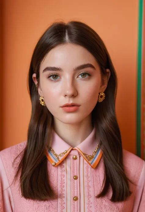 detailed portrait photo of a beautiful 20yo woman who is an instgram influencer, detailed rich background by wes anderson