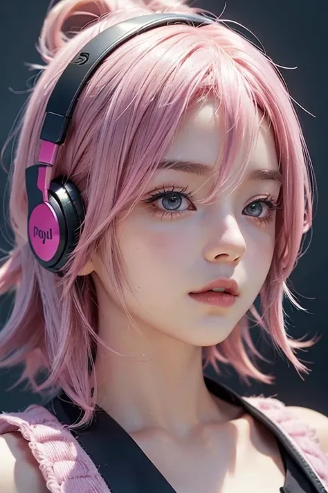 listen to music、headphone、Pink Hair, Pink eyes, Gradient color hairstyle, Bob Hair, Listen attentively、Ahoge, 30-year-old female、Oblique profile、Prone to downward