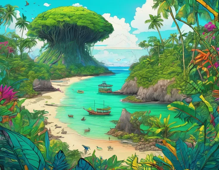 (mysterious island:2.0)、tropical sandy beaches、lush mangrove forest、animal、detailed marker outline, cute, art brut style, dynami...