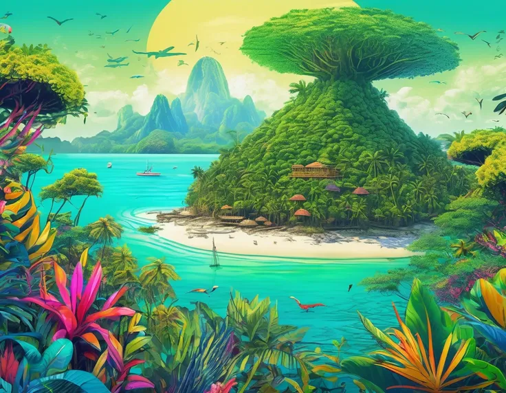 (mysterious island:2.0)、tropical sandy beaches、lush mangrove forest、animal、detailed marker outline, cute, art brut style, dynami...