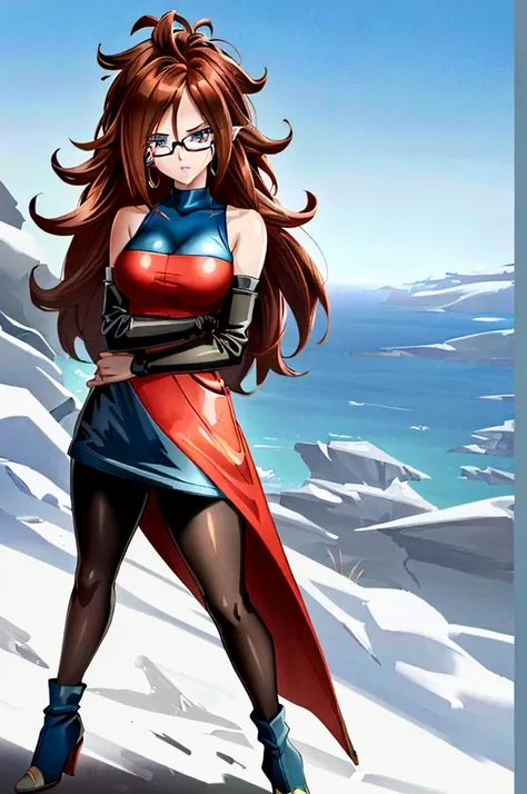 Android 21, 1girl, solo, long hair, jewelry, glasses, dress, shoulderless dress, bare shoulders, detacted sleeves, black leggings, earrings, breasts, hoop earrings, brown hair, detailed blue eyes, asymmetrical footwear, mismatched footwear, red and blue ch...