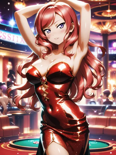 masterpiece, best quality,solo, nishikino maki,red hair, purple eyes,sexy strapless dress, standing , arms up , armpits,shiny sk...