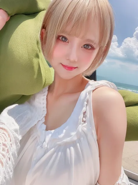 a girl with white skin and short hair。blonde hair, big dark eyes, wearing summer clothes, sophisticated touch, full upper body, ...