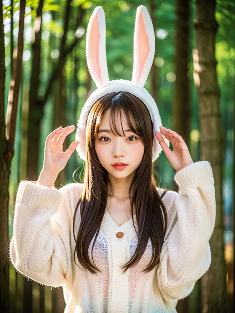 females、(oversized_wearing a sweater、bunny_ears_hat:1.3)、red bunny_ears、
good hand、4k、hight resolution、​masterpiece、top-quality、...