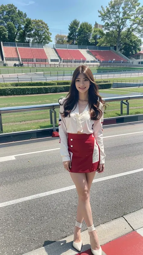 (grid girl costumes、accentuate your breasts、full body photo:1.24))、(see the red and white formula one carclaren、racing car:1.2)、...