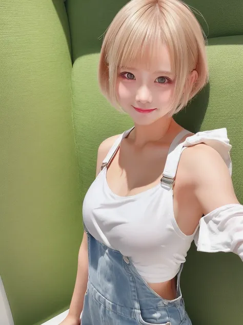 a girl with white skin and short hair。blonde hair, large dark eyes, wearing summer clothes, overalls, pulling back,her appearanc...