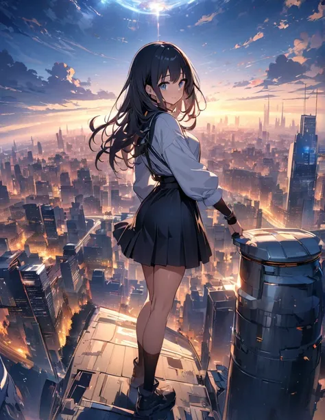 (anime)、(masterpiece:1.2),Atmospheric perspective,Lens flare、Ultra-wide background focused on the girl、Future City、girl standing on the roof、cute、another world