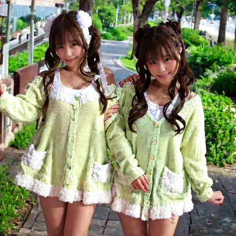 white fluffy camisole、short white cardigan、white mini skirt、rabbit headband、two girls with long brown hair and big curly hair ar...