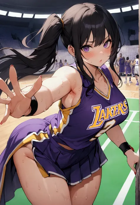 One woman、beautiful girl、high school girl、basketball、Basketball uniform、Lakers uniform、Wristband、Side Ponytail、Long Hair、Basketball Stadium、Take a jump shot、The stands are packed、Highest quality,  Thick thighs、Big Ass、Black Hair、Sweaty body、Number 14、Take ...