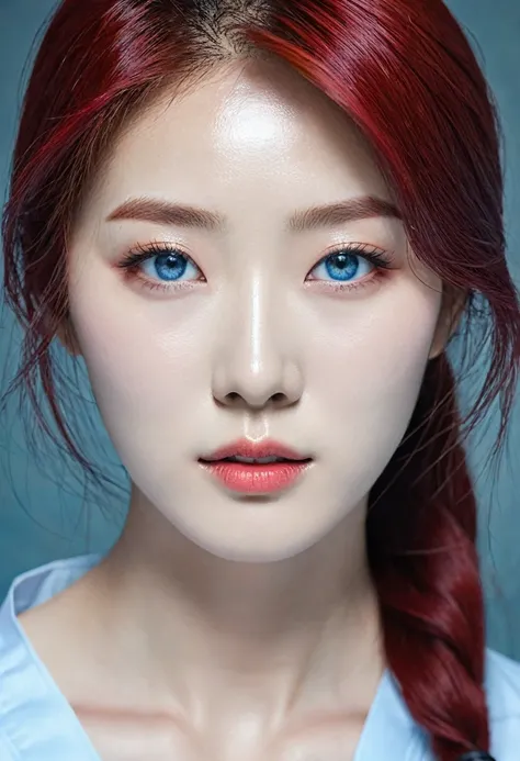 Woman, KOREAN, blood red hair, water blue eyes, Round face. Surgeon.