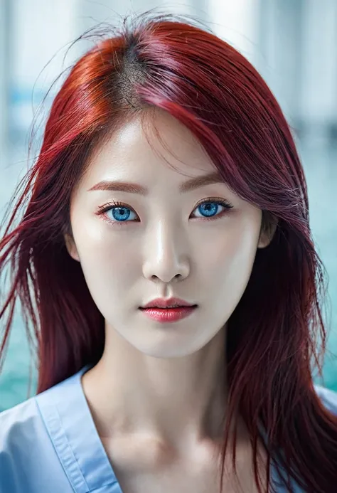 Woman, KOREAN, blood red hair, water blue eyes, Round face. Surgeon.