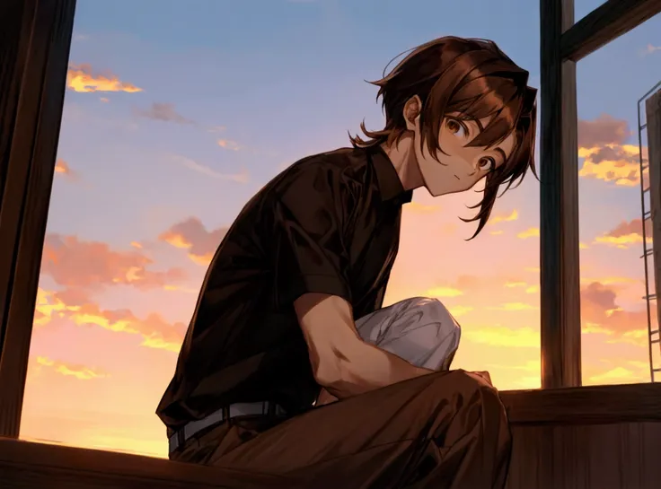 Anime boy brown hair brown eyes black shirt sitting look sunset 