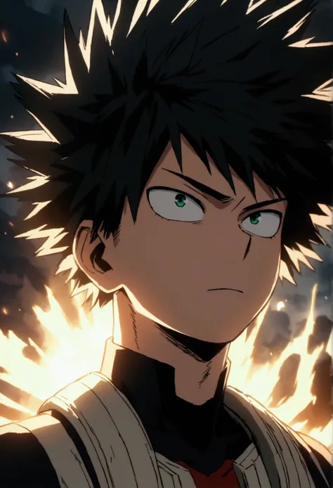 Screenshot of boku no hero academia , beautiful young boy .with strong black hair. Green eyes .and he is next to bakugo katsuki