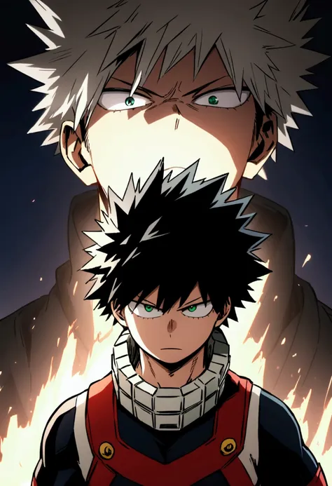 screenshot of boku no hero academia , beautiful young boy .with strong black hair. green eyes .and he is next to bakugo katsuki